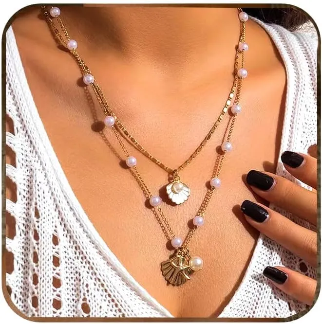 Shell Necklace Beach Jewelry for Women Seashell Starfish Necklace Adjustable Layered Sea Shell Charm Necklaces Summer Outfits for Women Beach Fashion Vacation Essentials Summer Accessories
