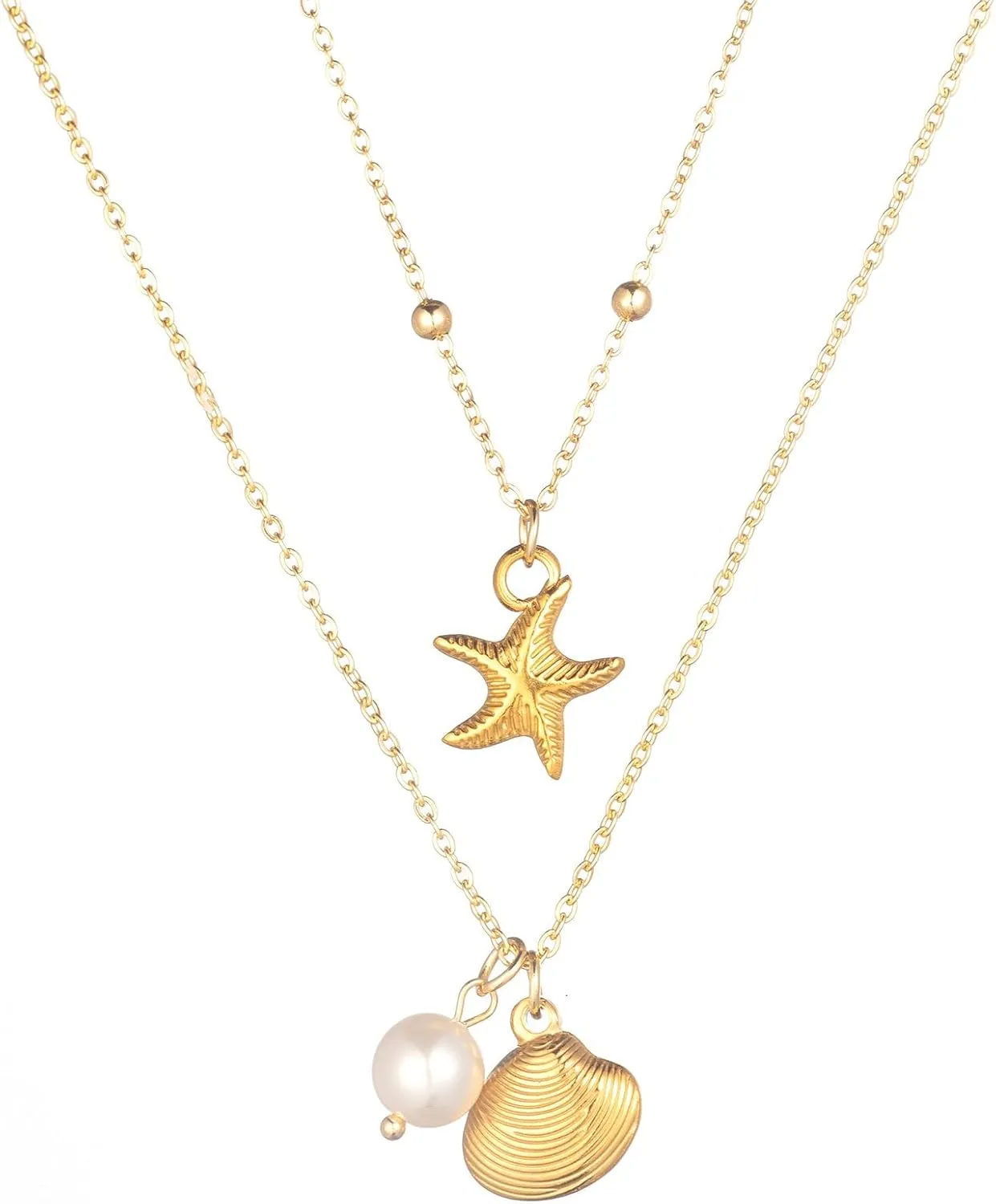 Shell Necklaces for Women 14k Gold Plated Layered Starfish Conch SeaShell Pearl Pendant Charm Necklace Adjustable Stainless Steel Chain Summer Beach Jewelry