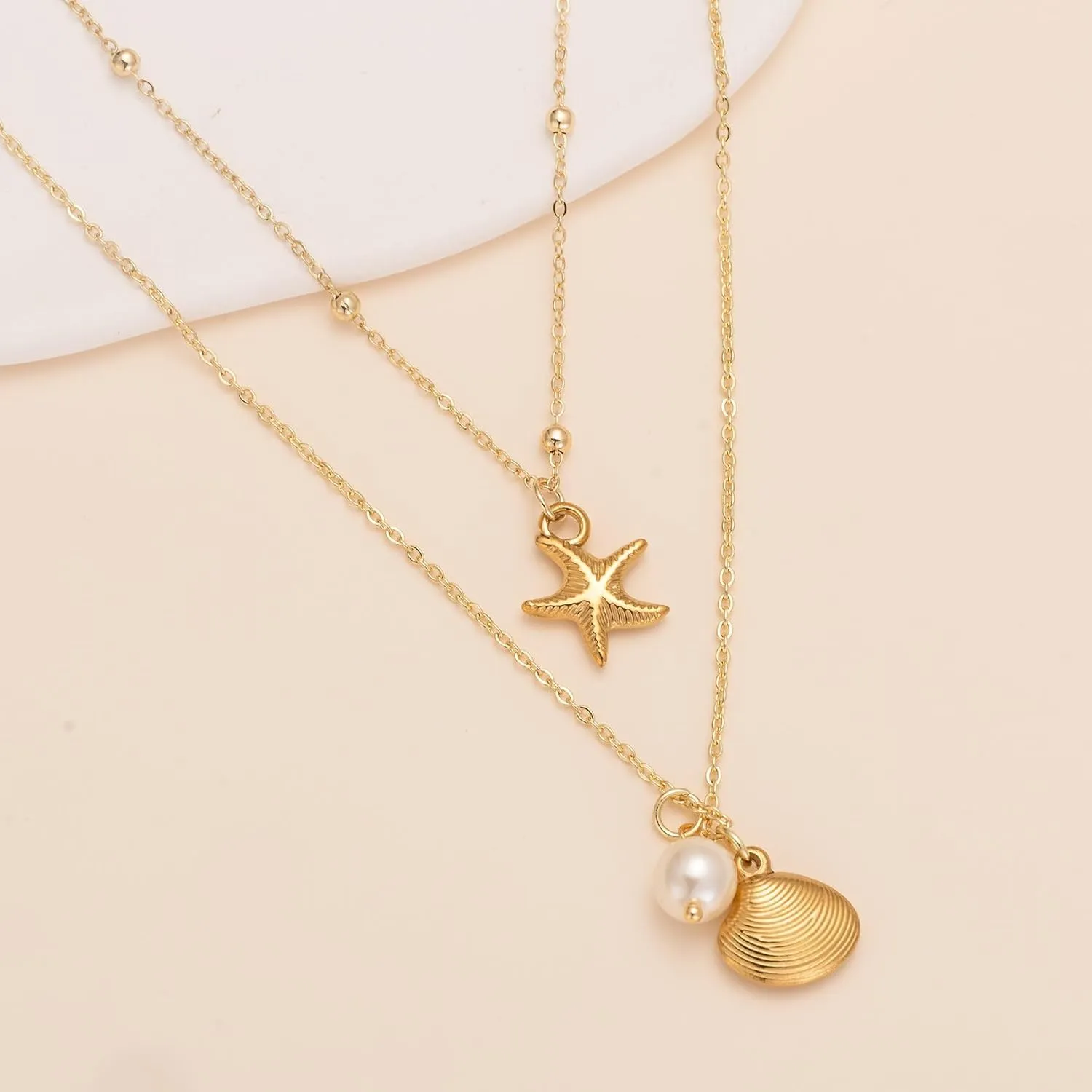 Shell Necklaces for Women 14k Gold Plated Layered Starfish Conch SeaShell Pearl Pendant Charm Necklace Adjustable Stainless Steel Chain Summer Beach Jewelry