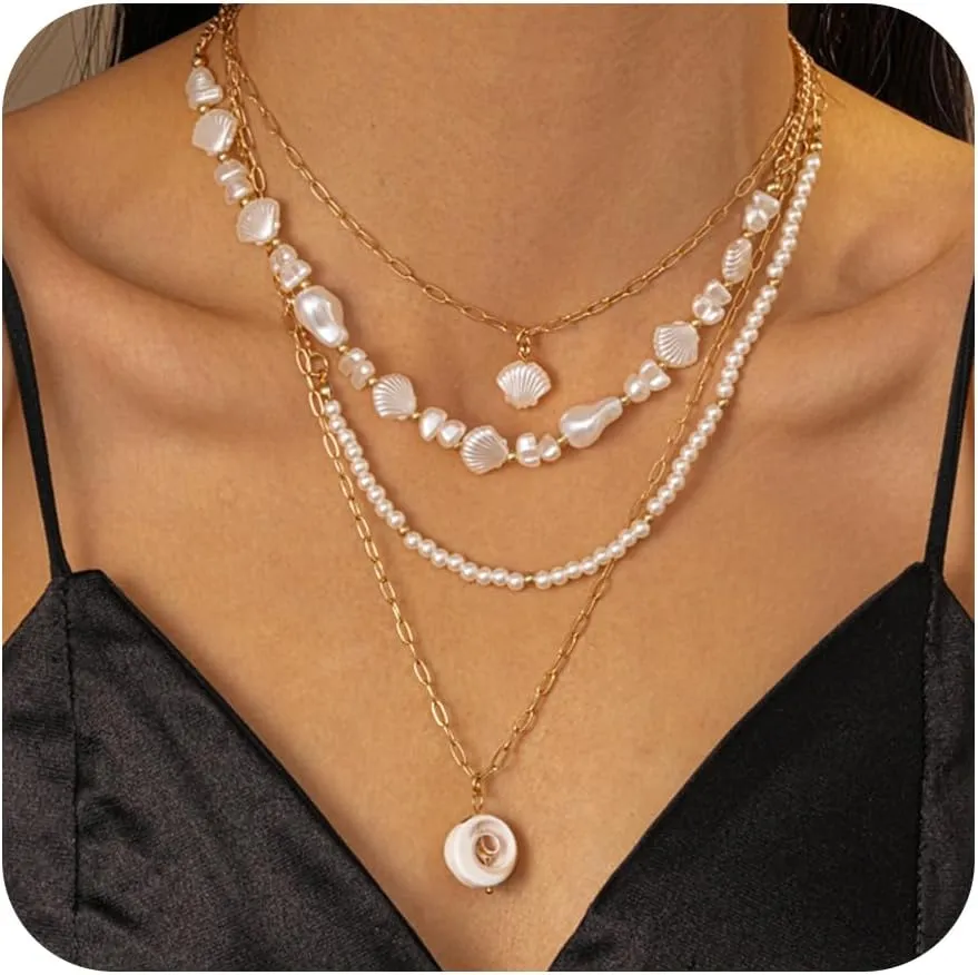 Shell Necklaces for Women - 18k Gold Plated Starfish Seashell Charm Necklace Adjustable Beachy Stackable Necklaces for Women Elegant Ocean Gift