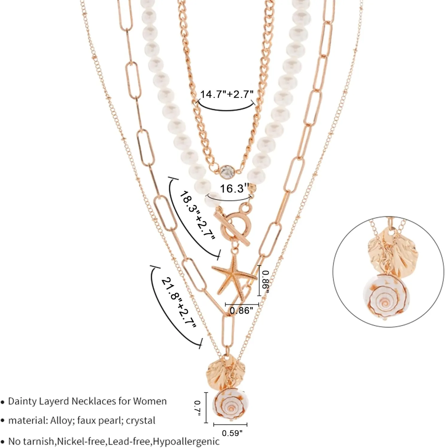Shell Necklaces for Women - 18k Gold Plated Starfish Seashell Charm Necklace Adjustable Beachy Stackable Necklaces for Women Elegant Ocean Gift