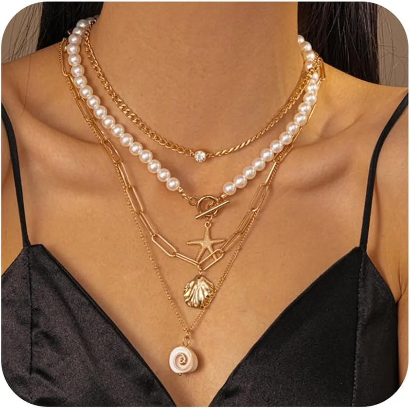 Shell Necklaces for Women - 18k Gold Plated Starfish Seashell Charm Necklace Adjustable Beachy Stackable Necklaces for Women Elegant Ocean Gift