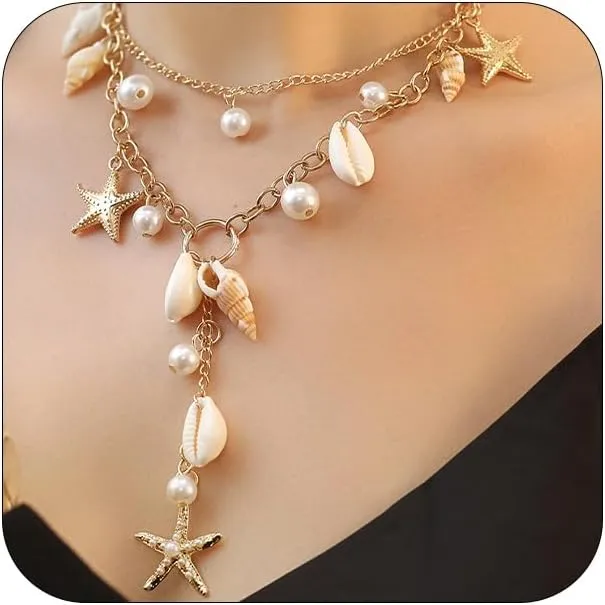 Shell Starfish Conch Necklaces Statement for Women Beach, Boho Layered Gold Shells Sea Shell Star Pendant Choker Necklace Party Holiday Beachy Jewelry Gift