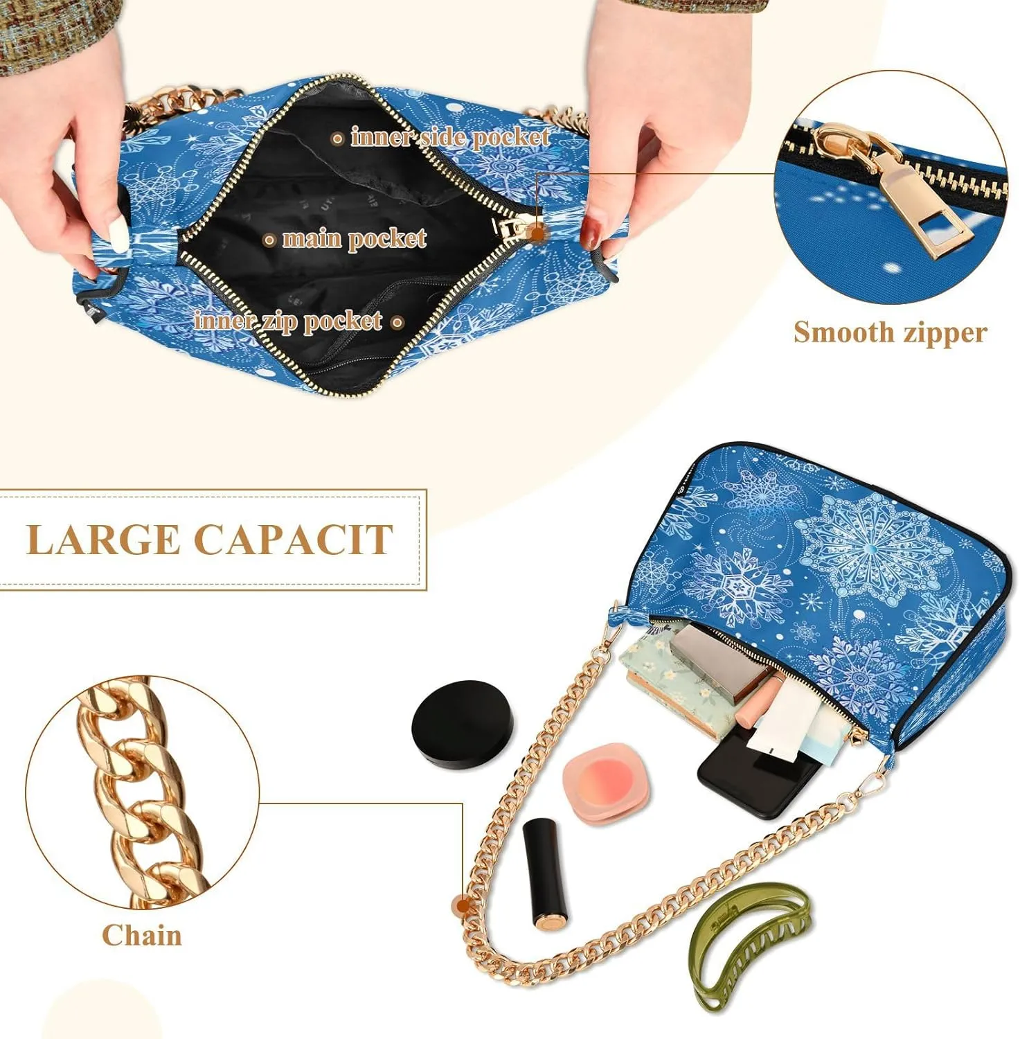 Shoulder Bag for Women Hobo Tote Handbag Gold Chain Crossbody Bag with Zipper Clutch Purse Handbags