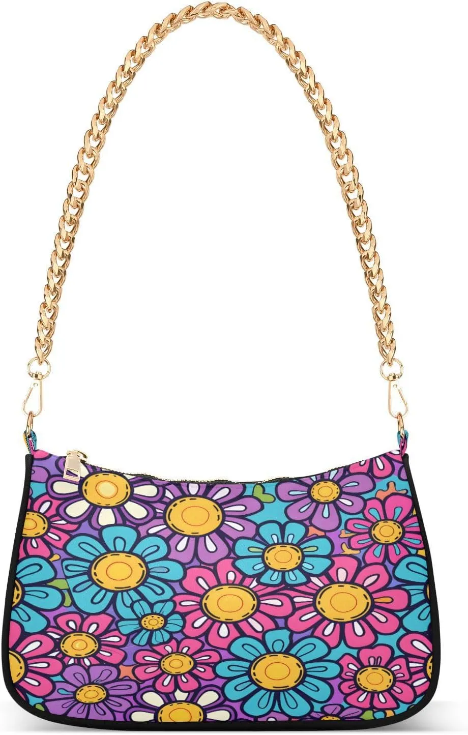Shoulder Bags for Women Flower Characters in Hippie Styl Hobo Tote Handbag Small Clutch Purse with Zipper Closure