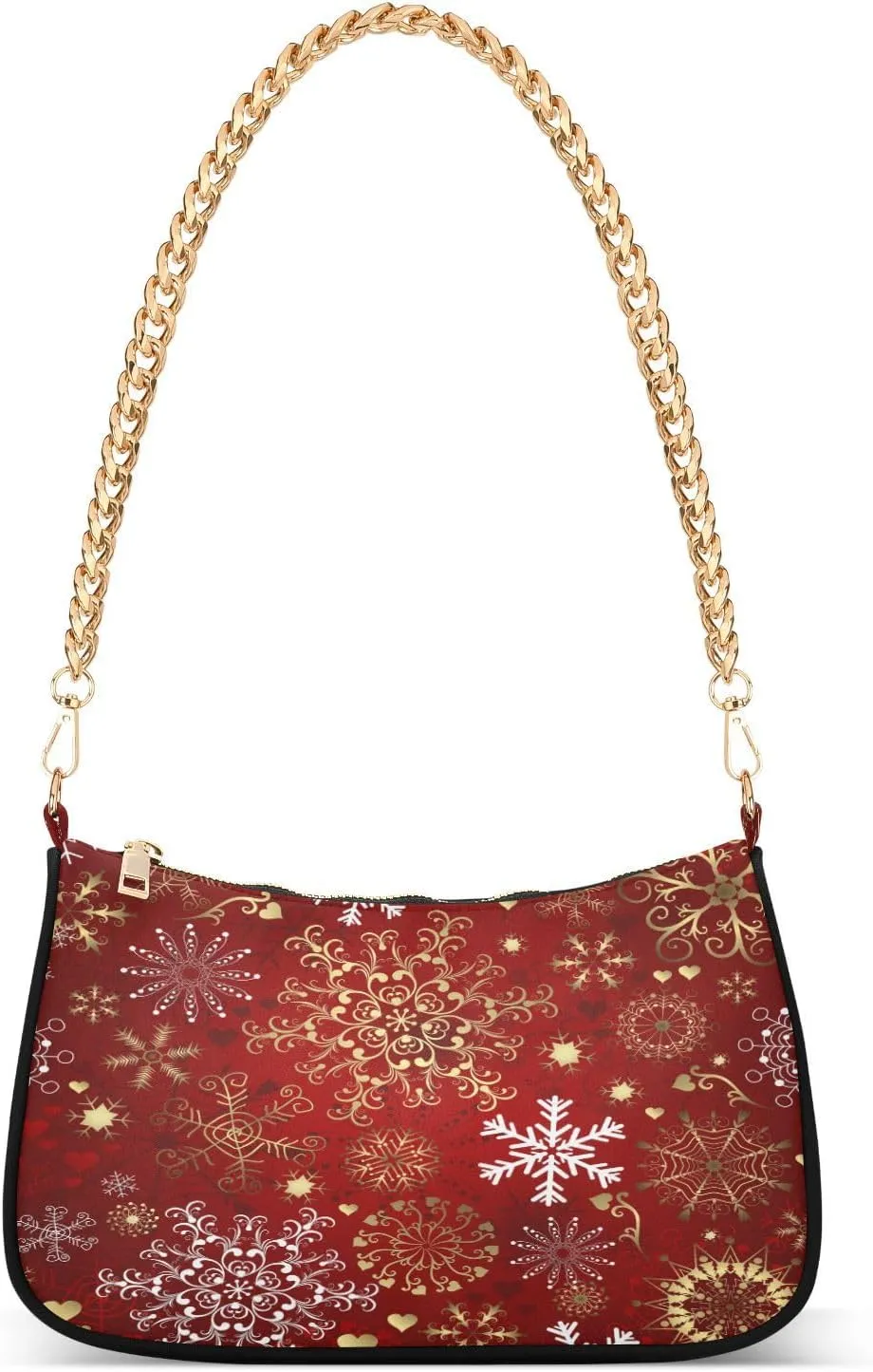 Shoulder Bags for Women Red Gold Snowflakes Christmas Hobo Tote Handbag Small Clutch Purse with Zipper Closure