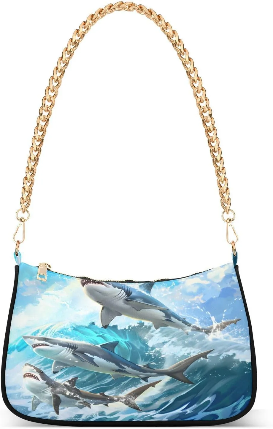 Shoulder Bags for Women Three Beautiful Sharks Jumped over The Waves Hobo Tote Handbag Small Clutch Purse with Zipper Closure