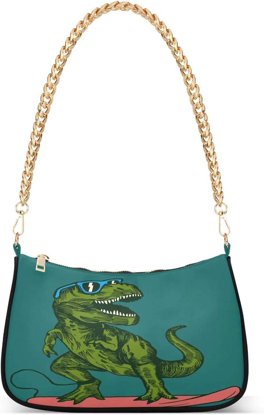Skateboard Dinosaur Green Shoulder Handbags for Women Travel Hobo Tote Handbag Women Gold Chain Shoulder Bags Purse with Zipper Closure