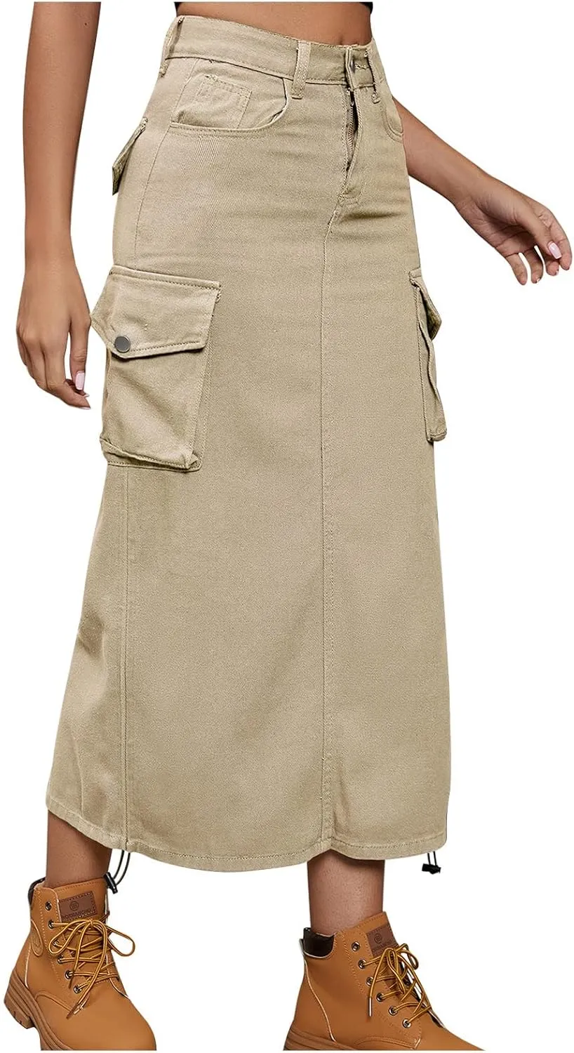 Skirts for Women Spring Summer Casual Work Skirt Trendy High Waisted Bodycon Skirt Denim Cargo Skirts with Pockets