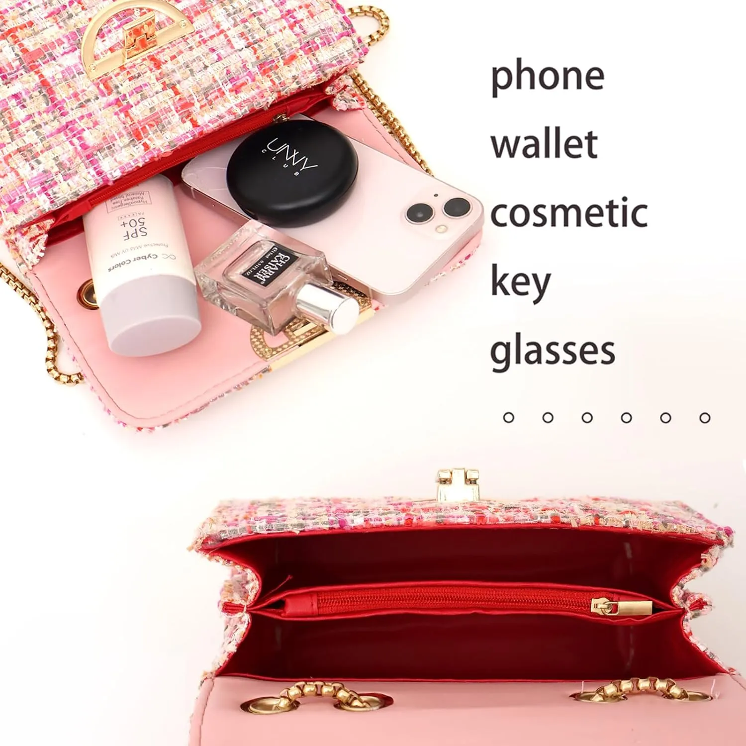 Small Quilted Crossbody Bag for Women, Designer Trendy Chain Clutch Mini Evening Shoulder Bag, Tweed Purse for Women