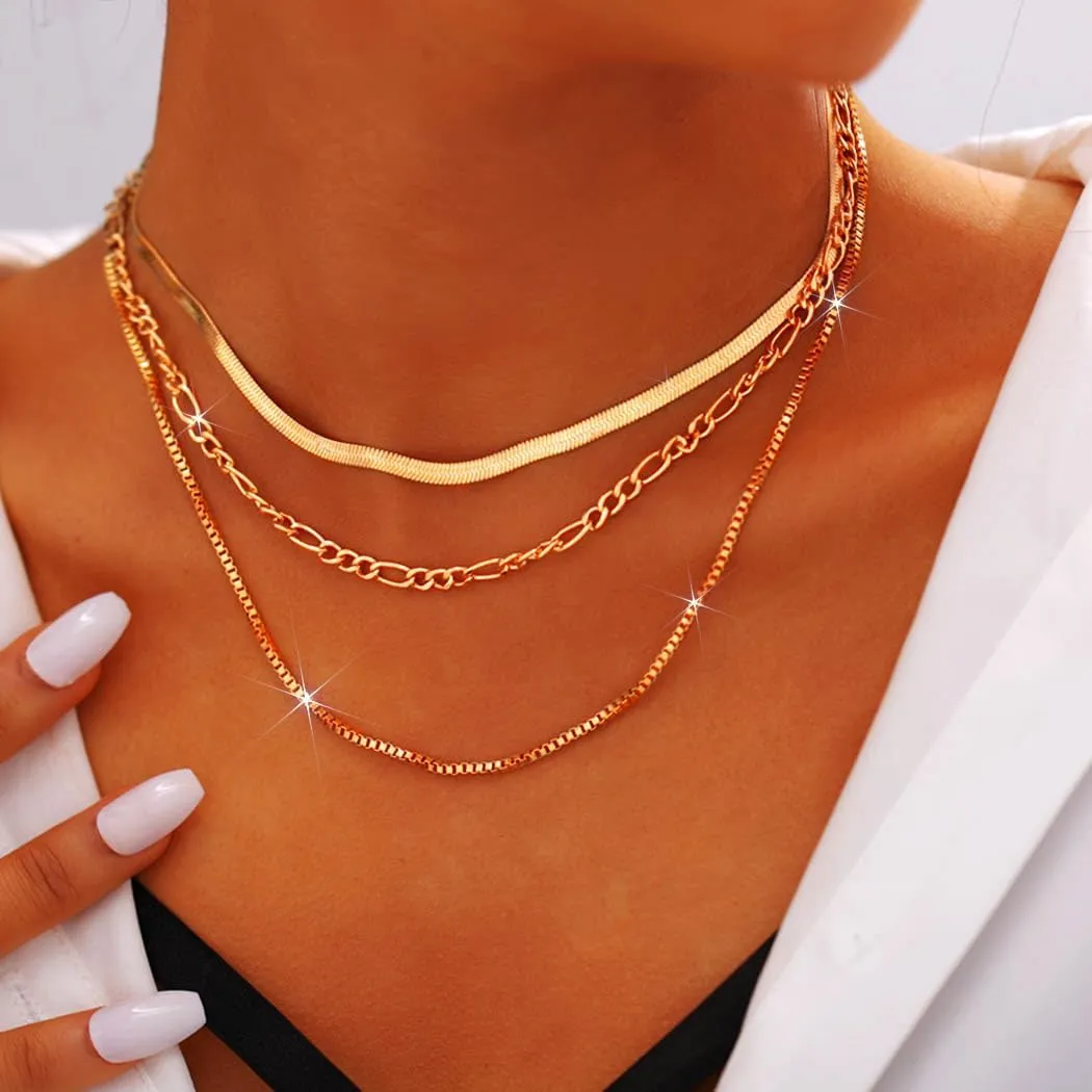 Snake Chain Necklace for Women Layered Herringbone Choker Necklaces Stackable Gold Necklace Set Jewelry Gift