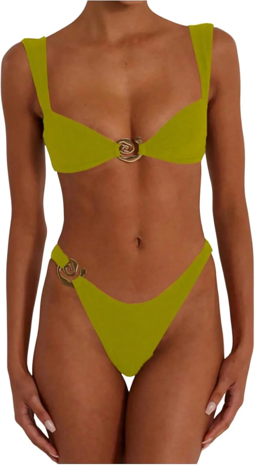 SOLY HUX Metal Ring High Cut Bikini Sets for Women Brazilian Cheeky Two Piece Sexy Bikinis Bathing Suit Swimsuits