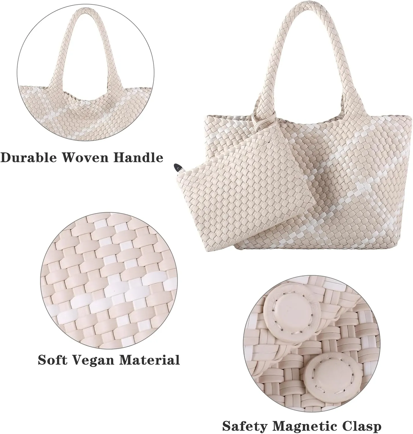 SporGenius Woven Tote Bag for Women, Vegan Leather Beach Bags with Small Purse, Large Travel Top Handle Handbags
