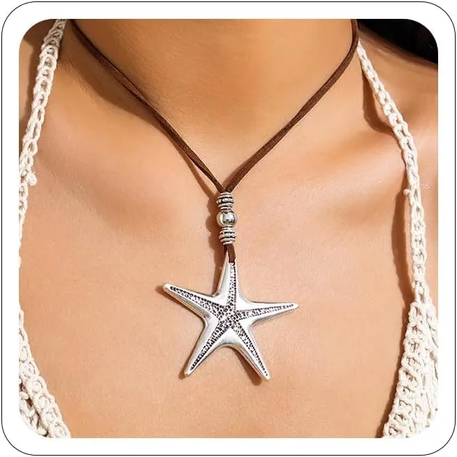 Starfish Necklace Boho Starfish Sea Shell Pendant Choker Leather Necklace Cord Silver Summer Beach Necklaces Summer Dresses Jewelry for Women