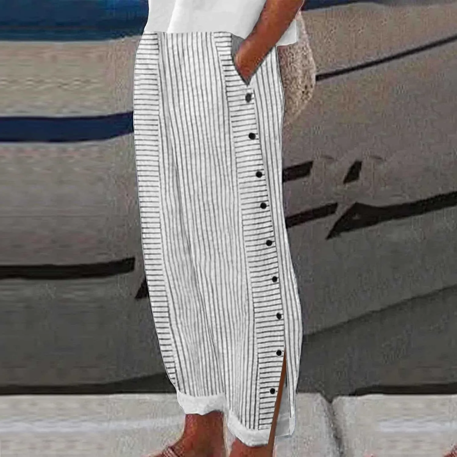 Striped Print Casual Pants for Women Side Button 2025 Stretch Baggy Pants Pockets Elastic Waist Vacation Beach Pant