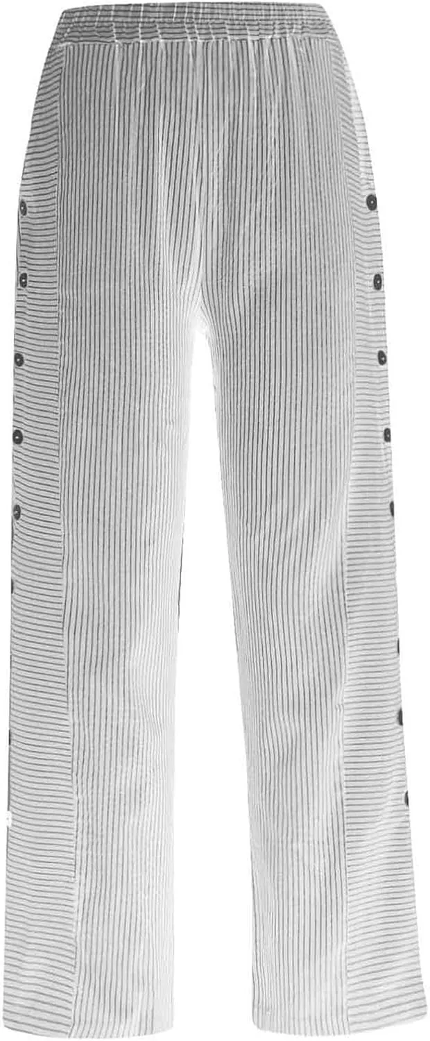 Striped Print Casual Pants for Women Side Button 2025 Stretch Baggy Pants Pockets Elastic Waist Vacation Beach Pant