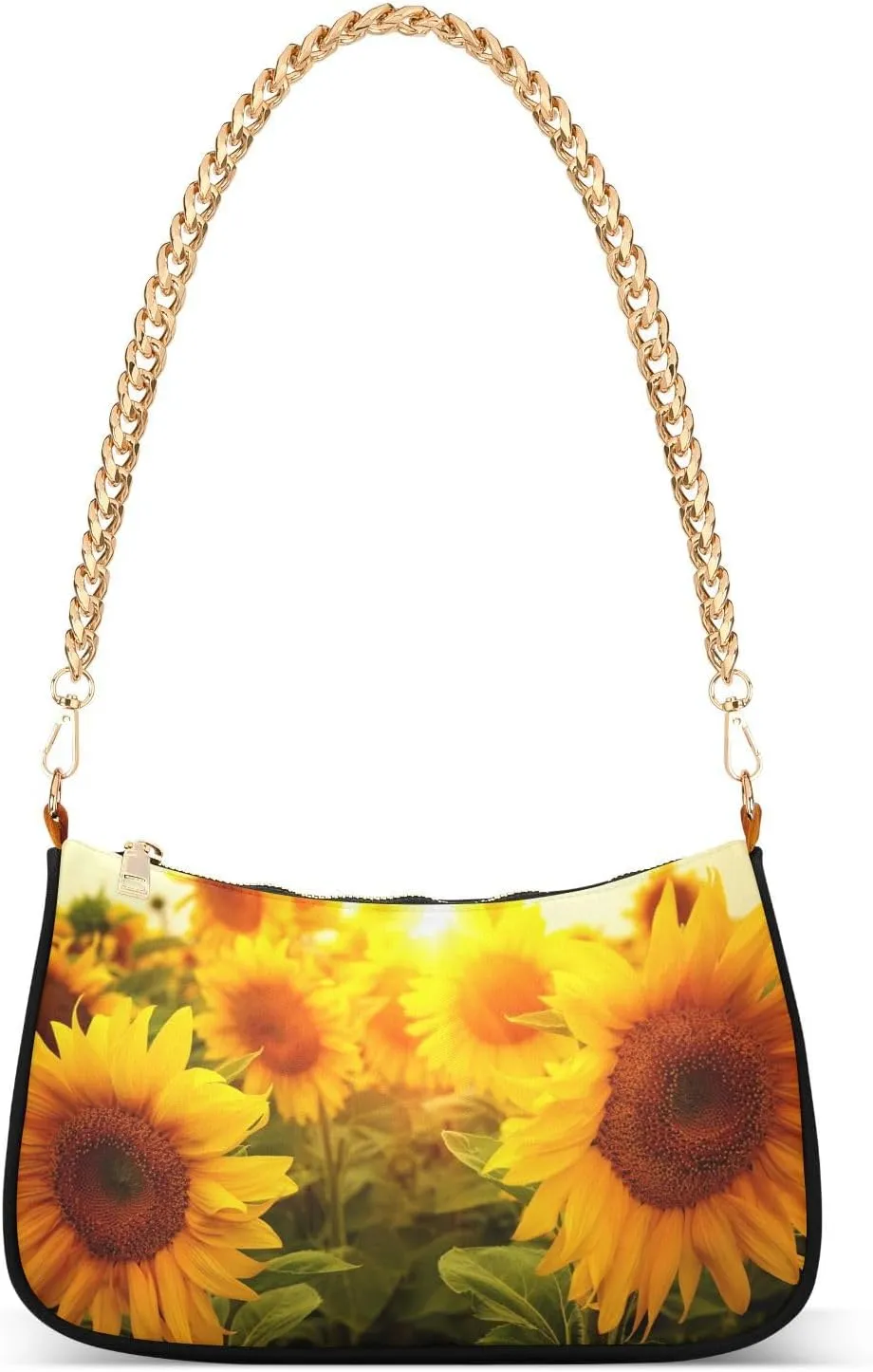 Summer Floral Flower Sunflower Blossom Shoulder Handbags for Women Travel Hobo Tote Handbag Women Gold Chain Shoulder Bags Purse with Zipper Closure