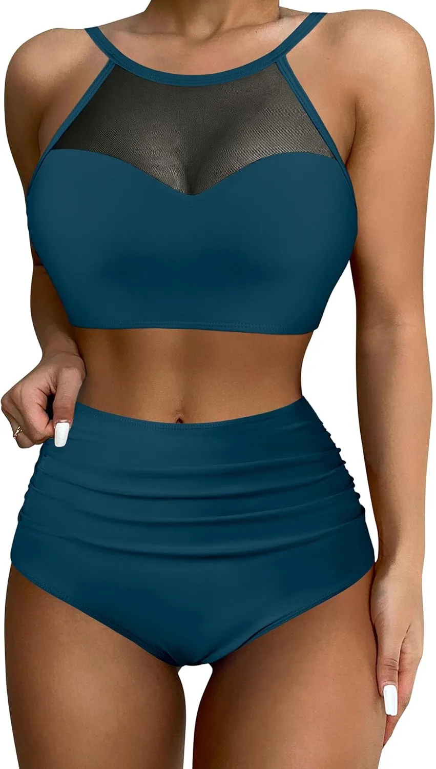 SUUKSESS Women High Waisted Bikini Sets Sexy Mesh High Neck Swimsuit 2 Piece