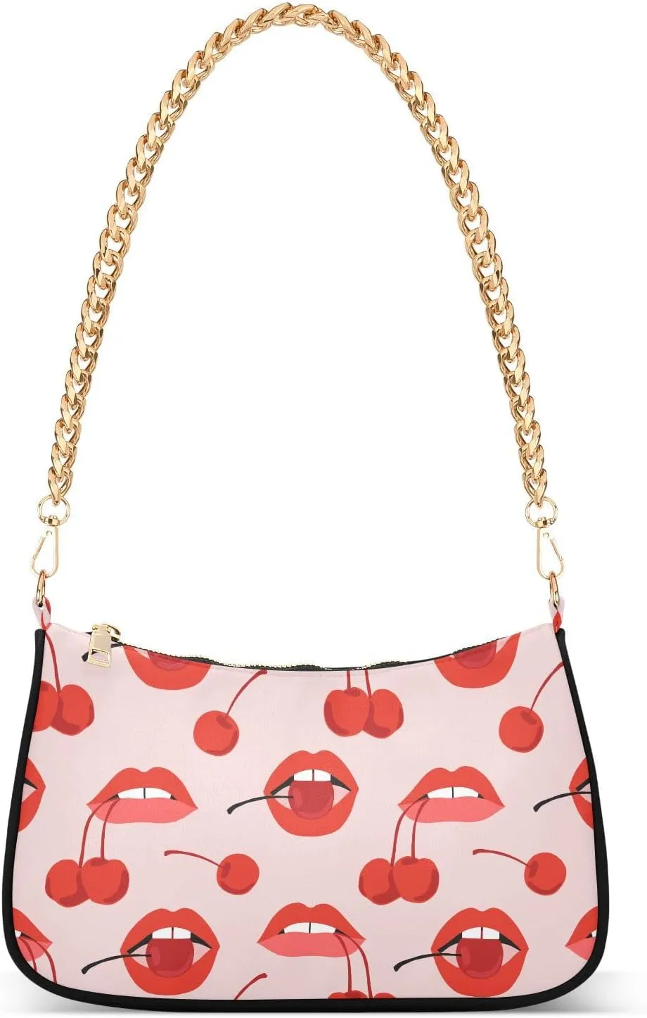 Sweet Cherry and Sexy Woman Lips Shoulder Handbags for Women Travel Hobo Tote Handbag Women Gold Chain Shoulder Bags Purse with Zipper Closure