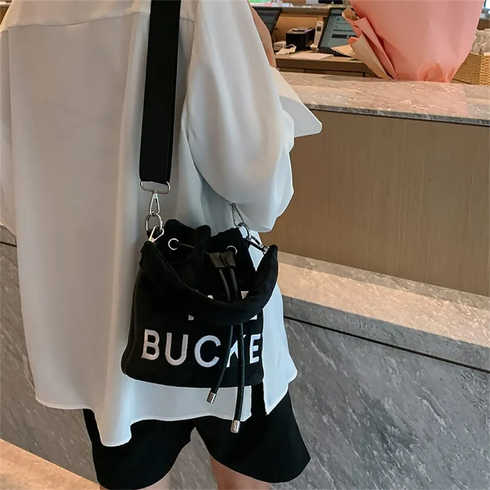 The Bucket Bag for Women, Embroidered Plush Crossbody Bag for GirlsBucket Bag PursesBlack Bucket Bag Drawstring Handbag
