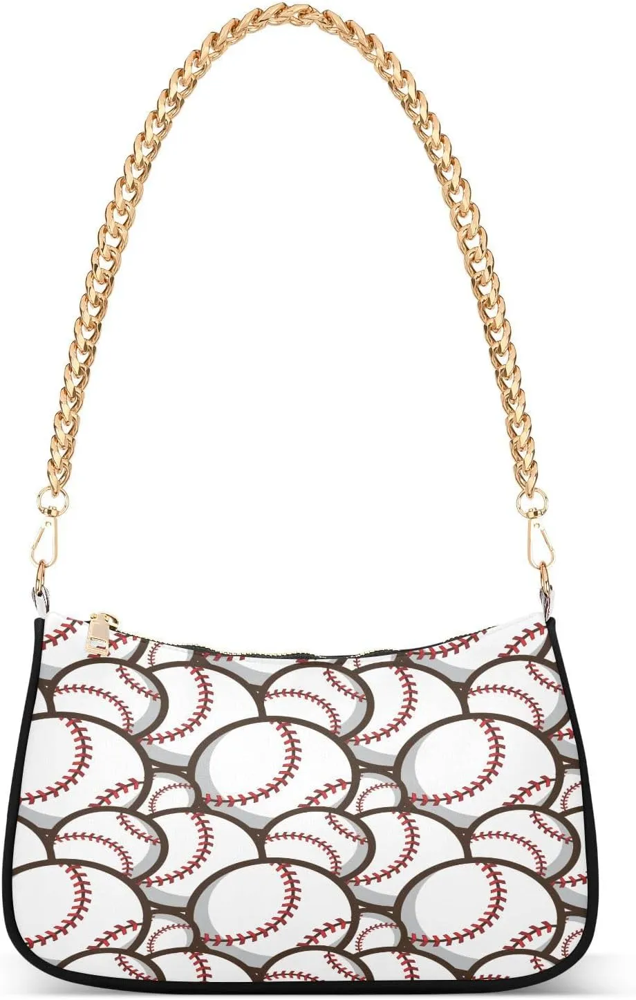 Trendy Baseball Balls Pattern Shoulder Handbags for Women Travel Hobo Tote Handbag Women Gold Chain Shoulder Bags Purse with Zipper Closure