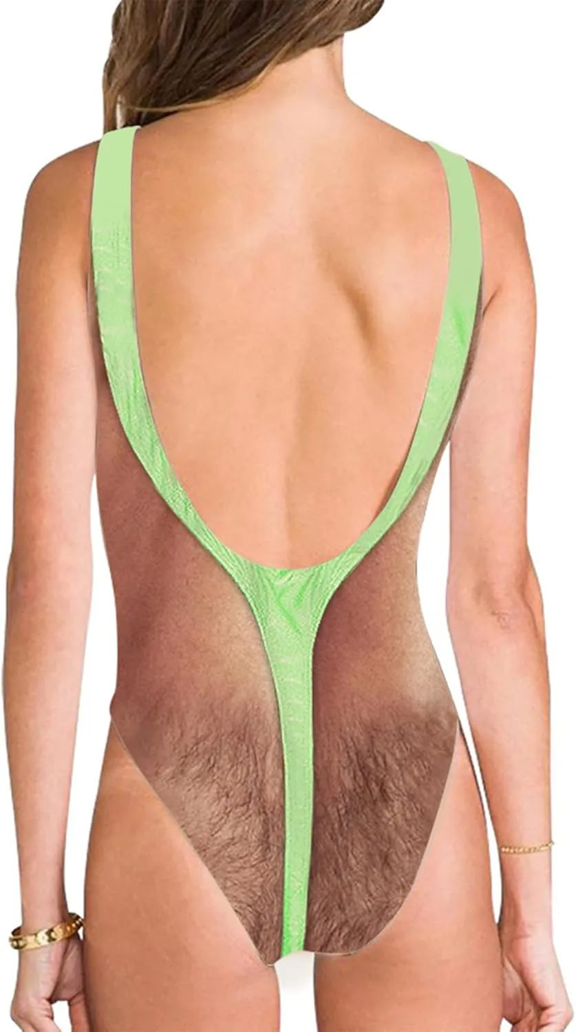 uideazone Women Funny Swimsuit Hairy Body Chest Printed Hippie Swimsuits Bathing Suit One Pieces Swimwear Monokini