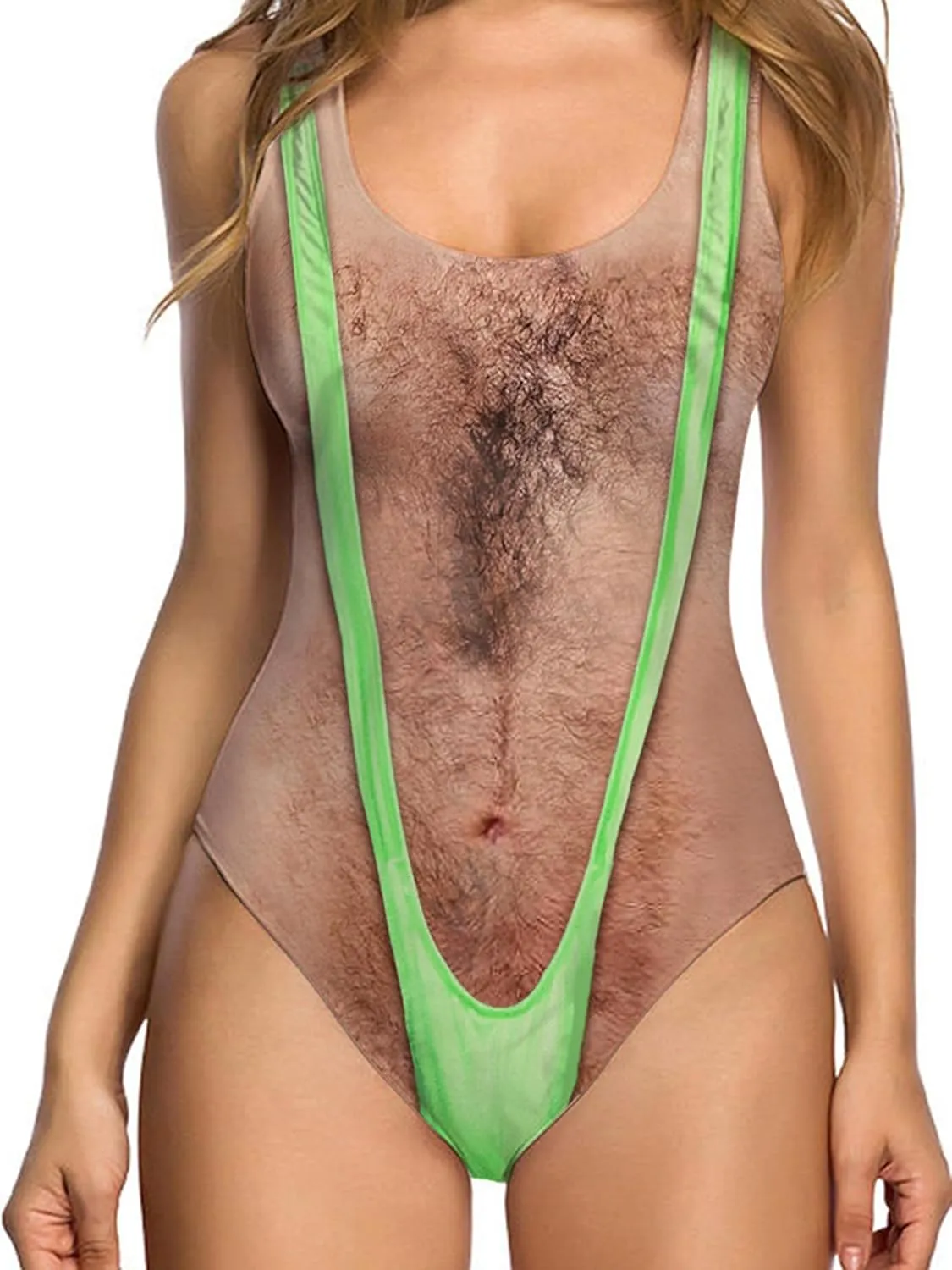 uideazone Women Funny Swimsuit Hairy Body Chest Printed Hippie Swimsuits Bathing Suit One Pieces Swimwear Monokini