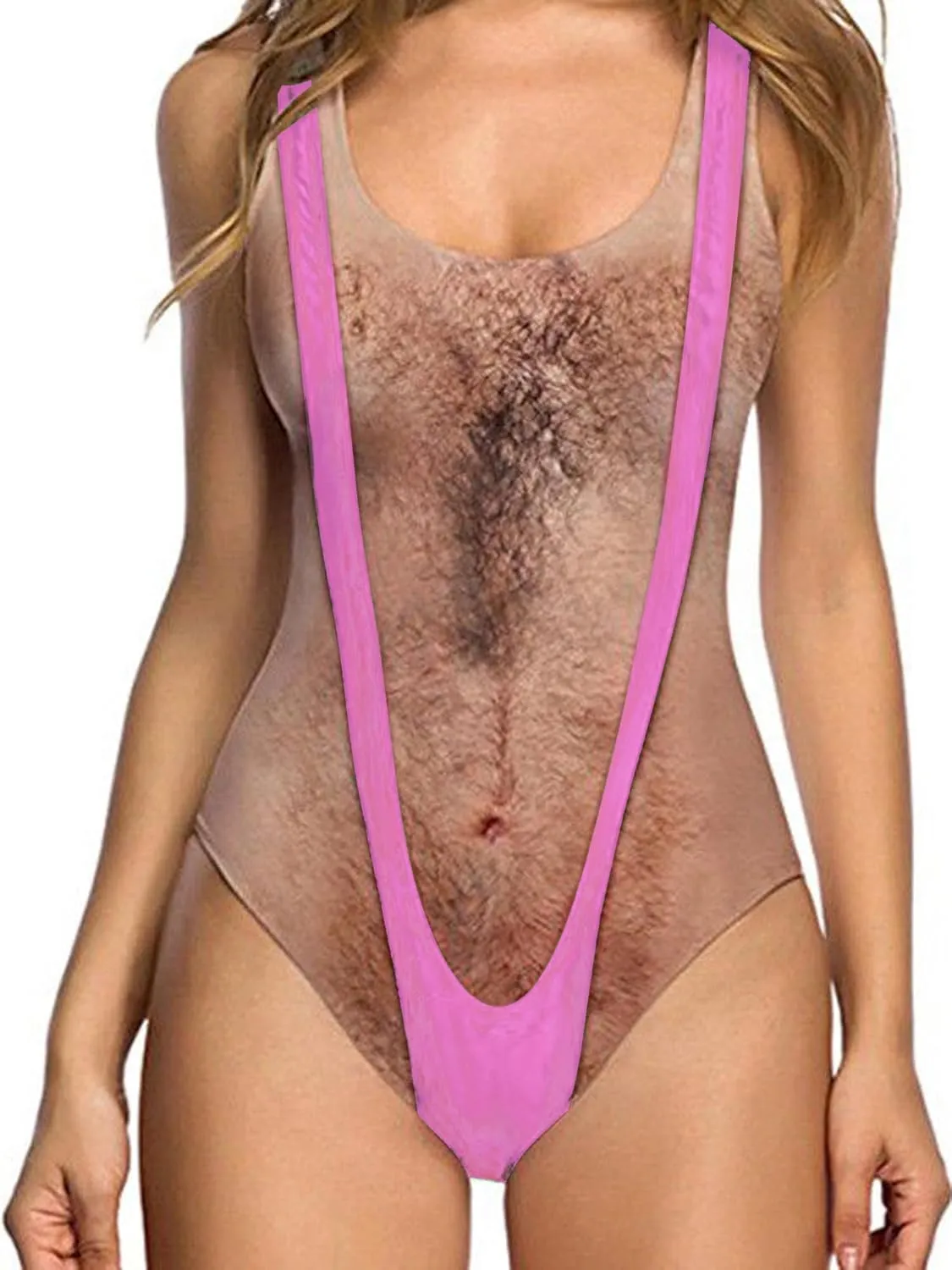 uideazone Women Funny Swimsuit Hairy Body Chest Printed Hippie Swimsuits Bathing Suit One Pieces Swimwear Monokini