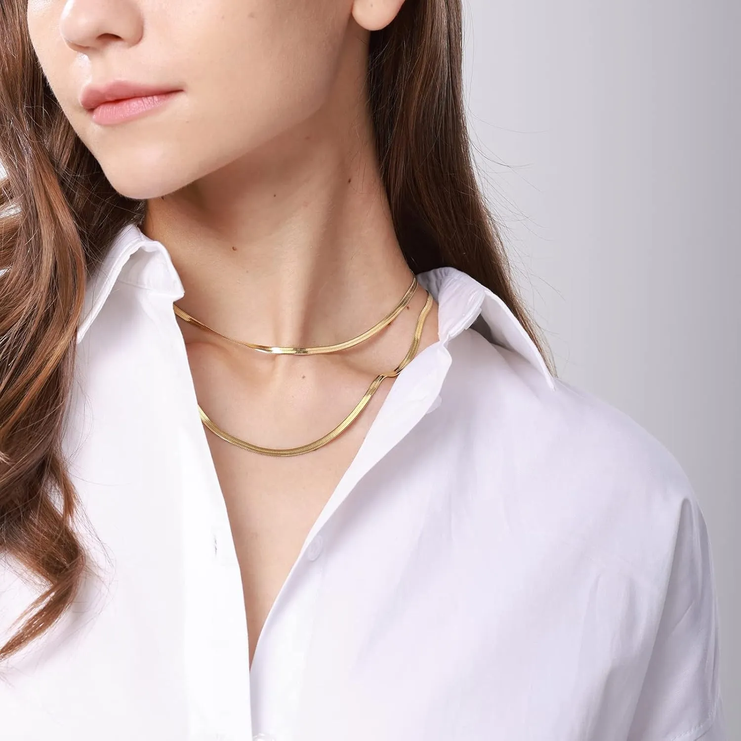 VAttract Herringbone Necklace for Women, Gold Snake Chain Necklace, Double Layered Choker Necklaces for Women Girls, 18K Gold plated, 2-7MM(Width), 2Pcs(18& 21)