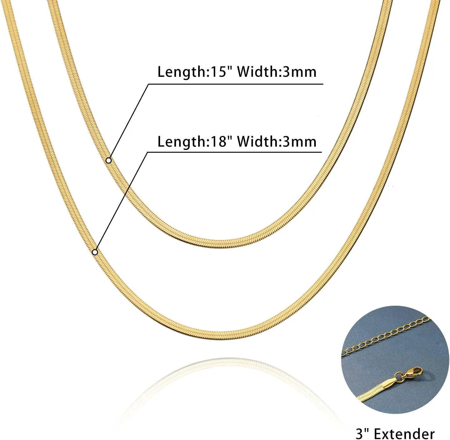 VAttract Herringbone Necklace for Women, Gold Snake Chain Necklace, Double Layered Choker Necklaces for Women Girls, 18K Gold plated, 2-7MM(Width), 2Pcs(18& 21)