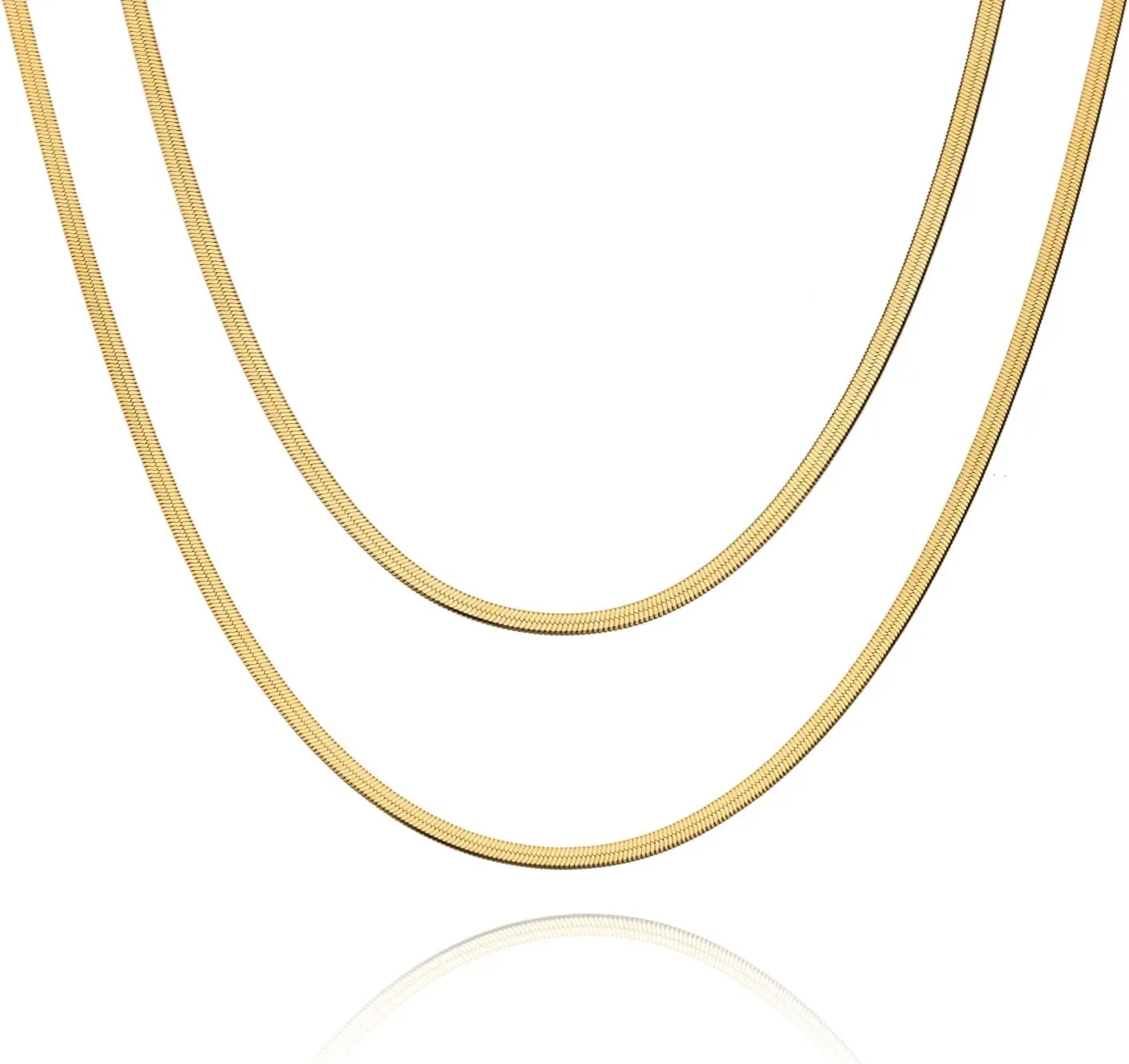 VAttract Herringbone Necklace for Women, Gold Snake Chain Necklace, Double Layered Choker Necklaces for Women Girls, 18K Gold plated, 2-7MM(Width), 2Pcs(18& 21)