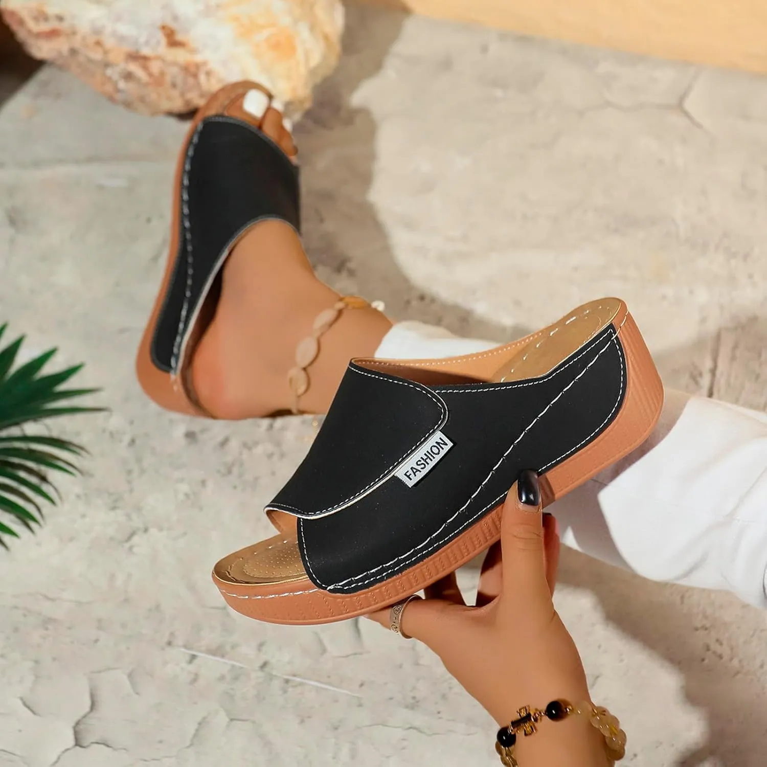 Wedge Sandals for Women Open Toe Slippers with Arch Support Breathable Orthopedic Summer Dressy Slip-On Soft Sole Casual Shoe
