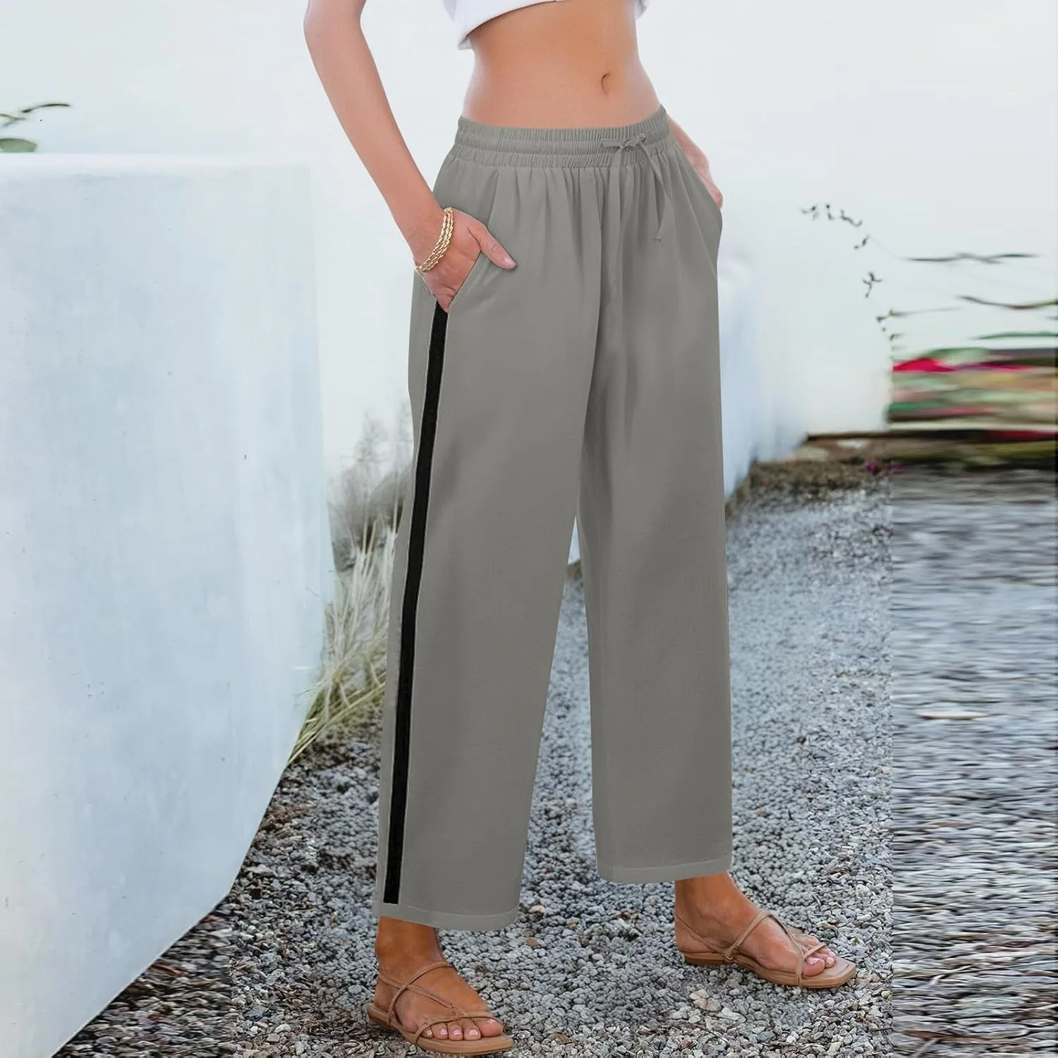 Wide Leg Linen Pants for Women Drawstring High Waisted Dress Cropped Pants Ankle Work Palazzo Trousers with Pockets