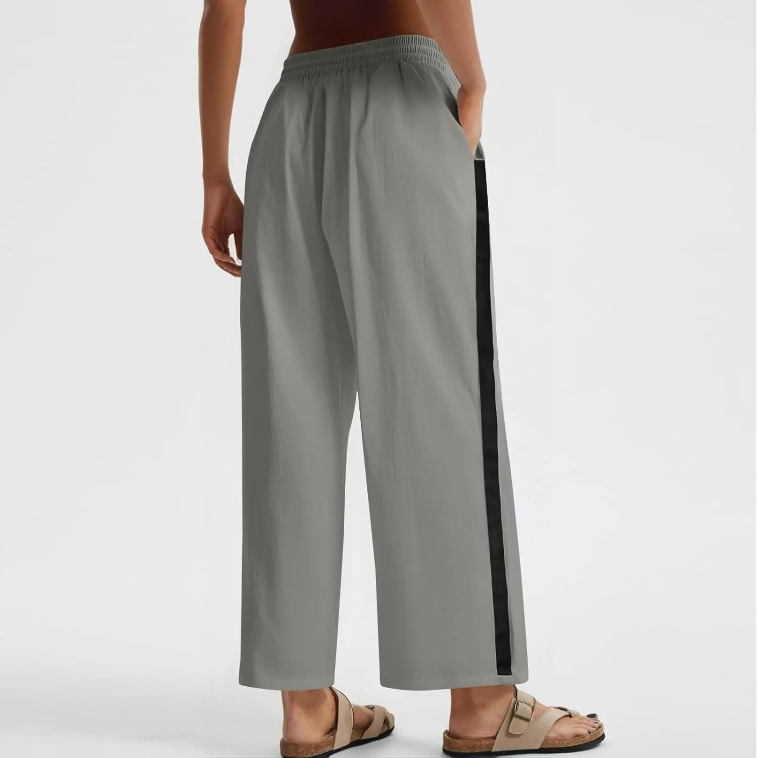 Wide Leg Linen Pants for Women Drawstring High Waisted Dress Cropped Pants Ankle Work Palazzo Trousers with Pockets