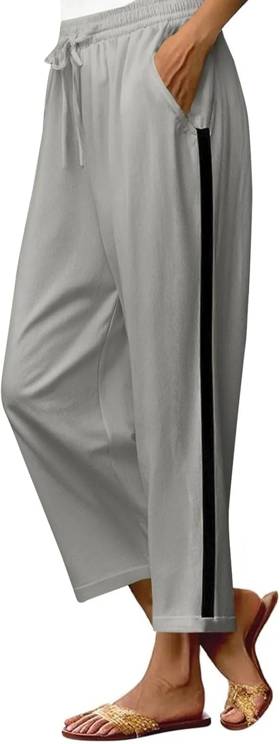 Wide Leg Linen Pants for Women Drawstring High Waisted Dress Cropped Pants Ankle Work Palazzo Trousers with Pockets