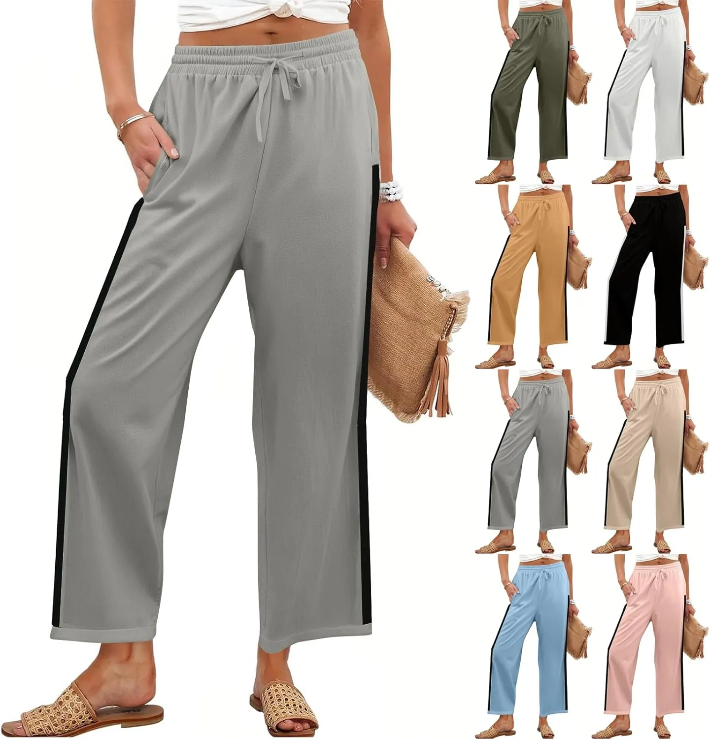 Wide Leg Linen Pants for Women Drawstring High Waisted Dress Cropped Pants Ankle Work Palazzo Trousers with Pockets