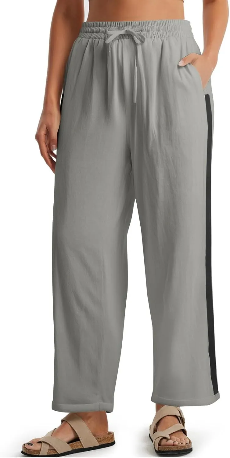 Wide Leg Linen Pants for Women Drawstring High Waisted Dress Cropped Pants Ankle Work Palazzo Trousers with Pockets