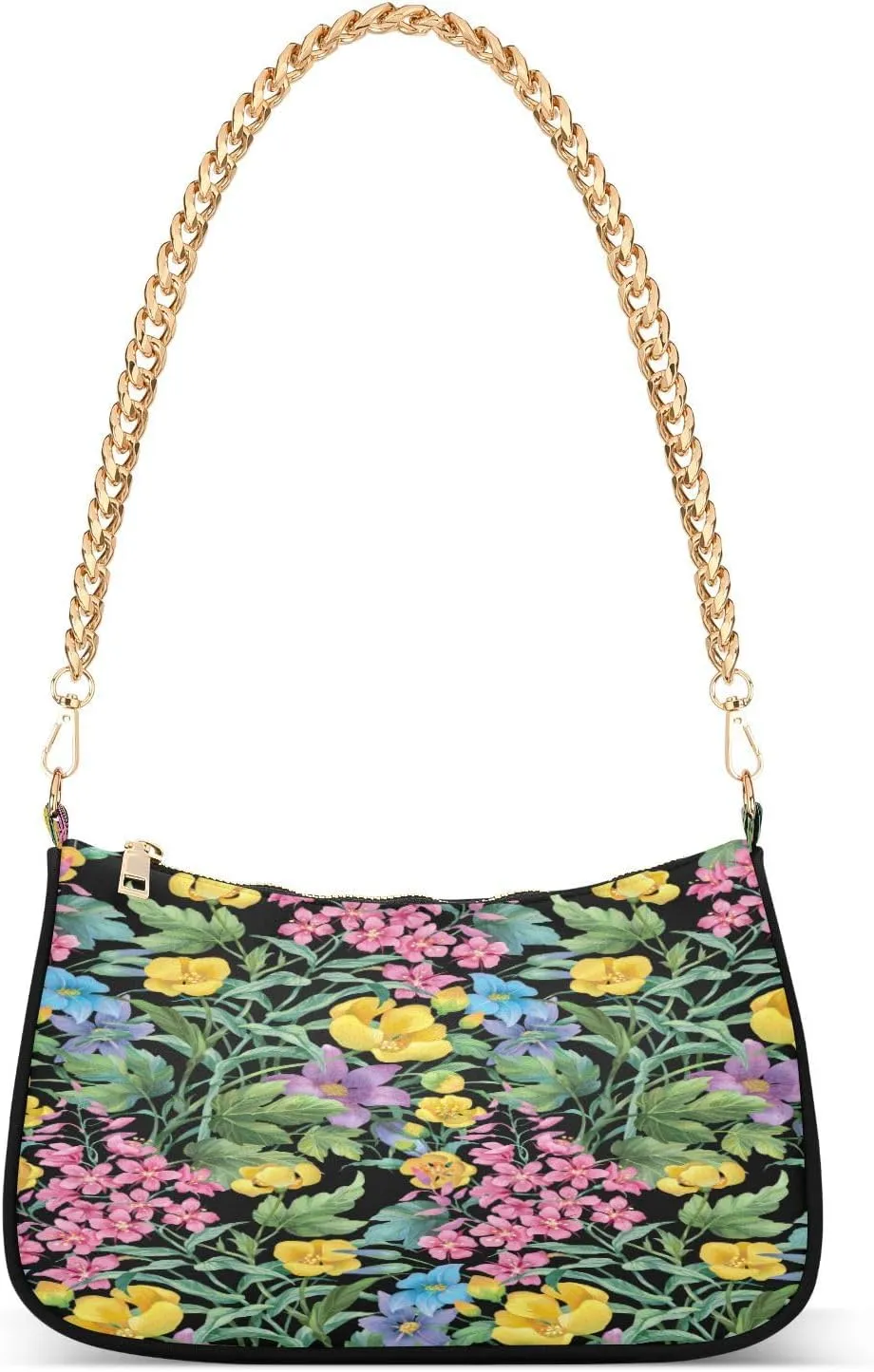 Wild Herbs Blooming Flowers Womens Shoulder Bag for Women Girls Hobo Tote Handbag Gold Chain Crossbody Bag with Zipper Clutch Purse Handbags