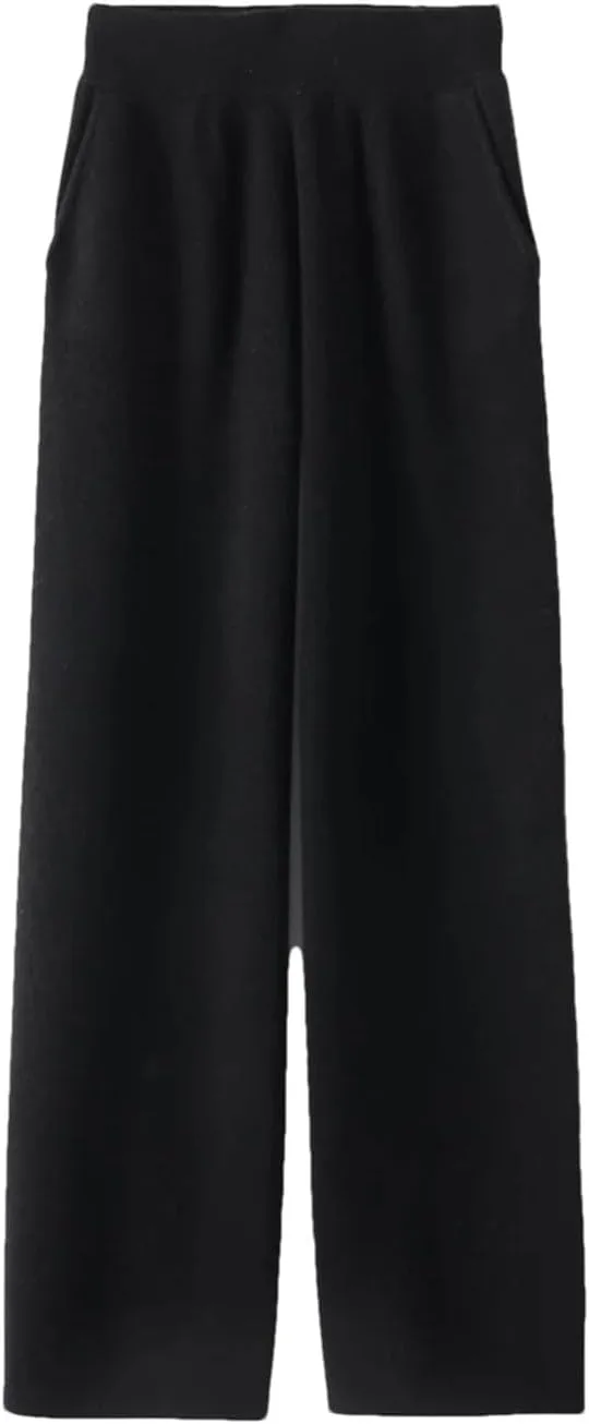 Women 100 Percent Merino Wool Knitted Trousers Winter Warm Wide Leg Pants Solid Color with Pocket High Waist Pants