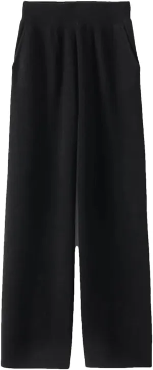 Women 100 Percent Merino Wool Knitted Trousers Winter Warm Wide Leg Pants Solid Color with Pocket High Waist Pants