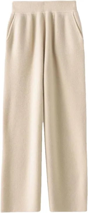 Women 100 Percent Merino Wool Knitted Trousers Winter Warm Wide Leg Pants Solid Color with Pocket High Waist Pants