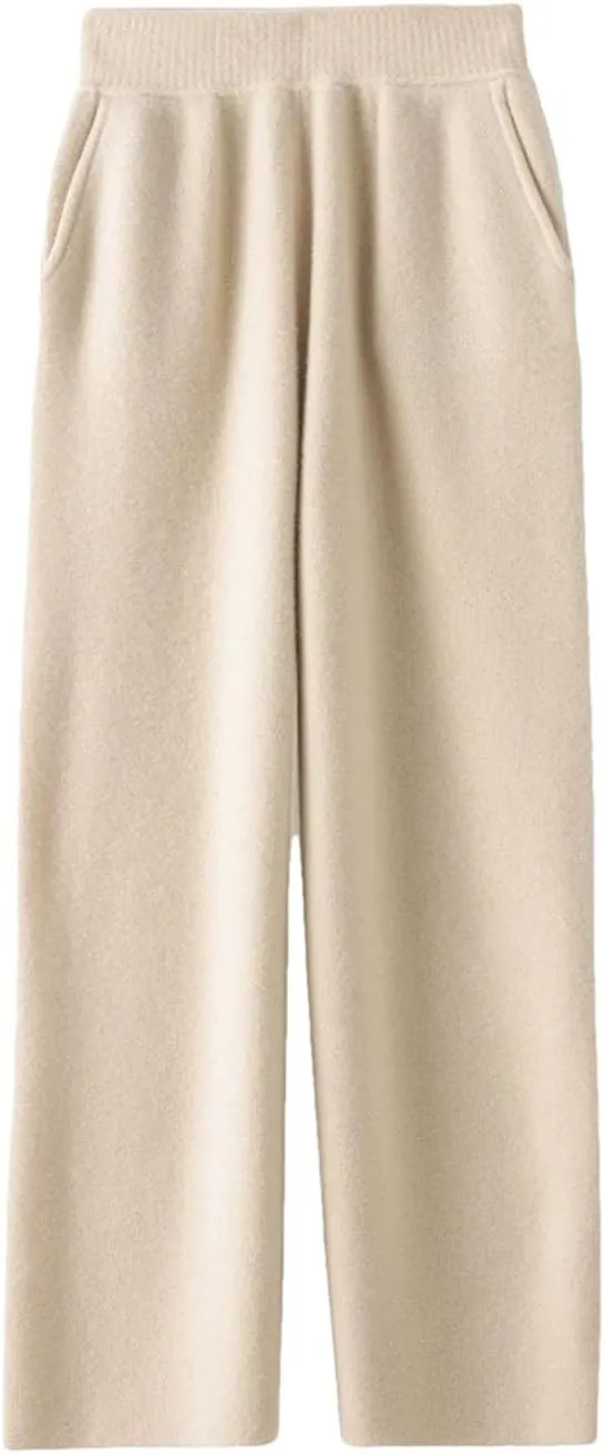 Women 100 Percent Merino Wool Knitted Trousers Winter Warm Wide Leg Pants Solid Color with Pocket High Waist Pants