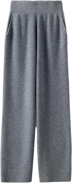 Women 100 Percent Merino Wool Knitted Trousers Winter Warm Wide Leg Pants Solid Color with Pocket High Waist Pants