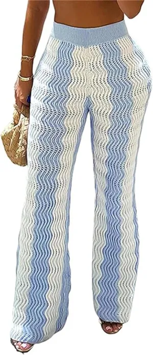 Women Block Stripe Crochet Beach Pants High Waist Hollow Out Pants Knitted Trousers