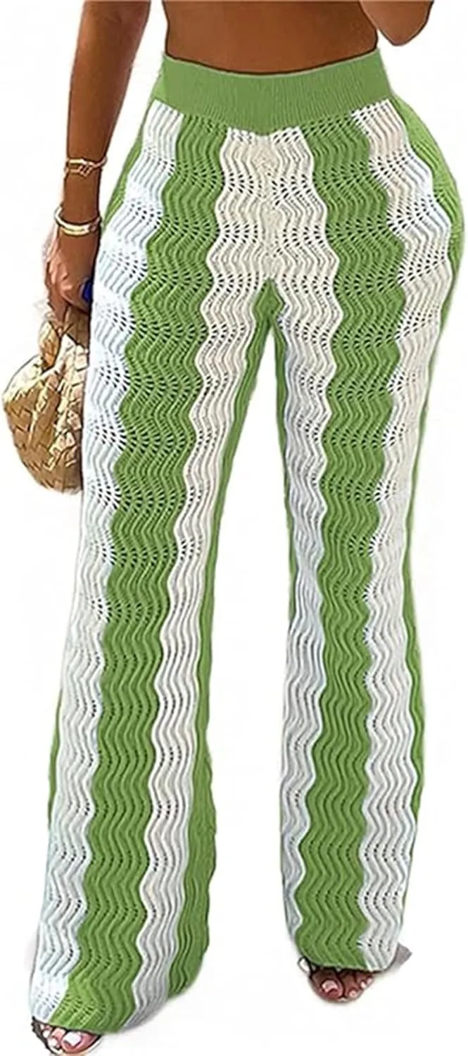Women Block Stripe Crochet Beach Pants High Waist Hollow Out Pants Knitted Trousers