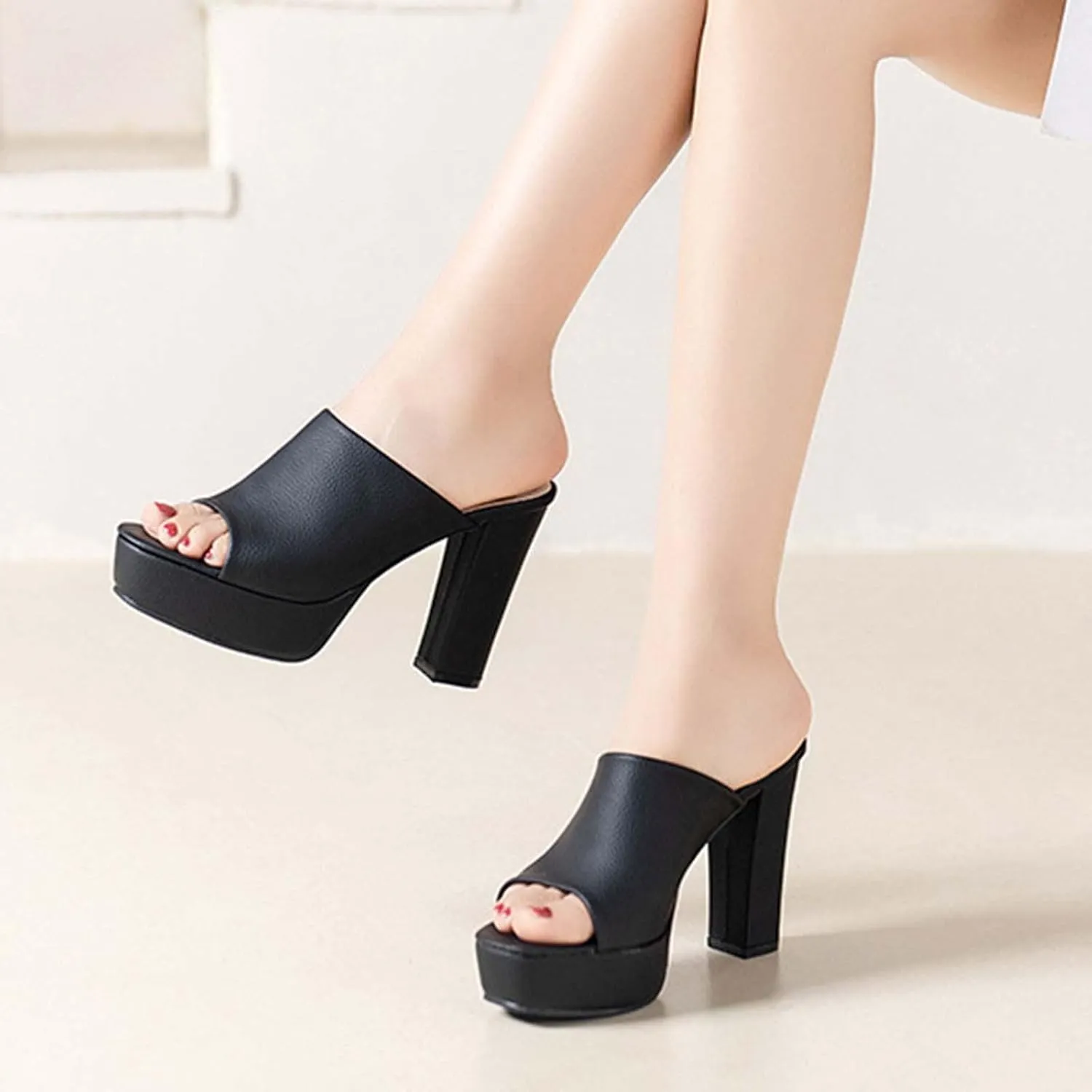 Women High Heel Slides Platform Chunky Heels Mules Open Toe Sandals Slip on Dress Shoes Fashion Slippers