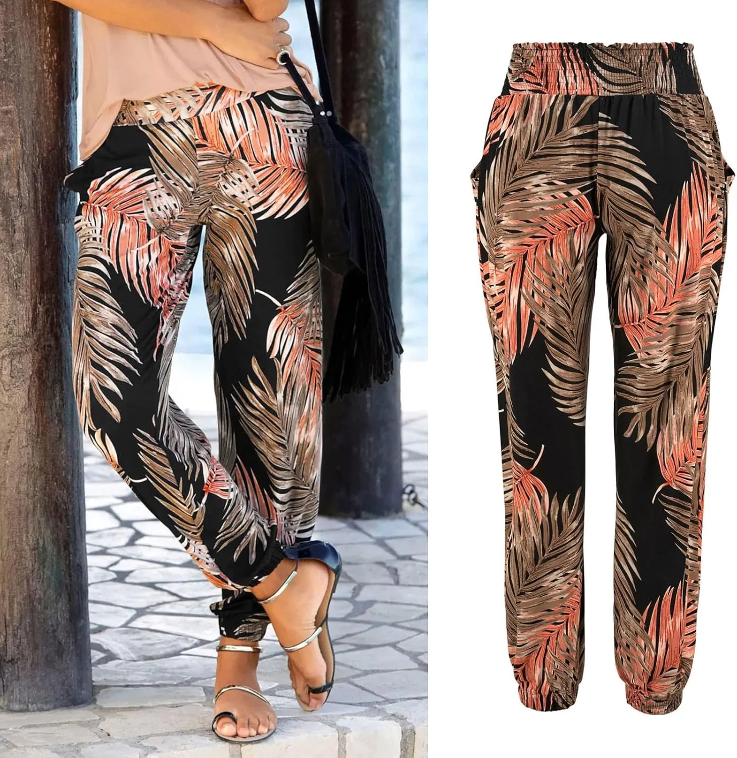 Women High Waisted Baggy Pants Summer Beach Boho Printing Straight Leg Pant Breathable Comfy Lounge Pant with Pockets