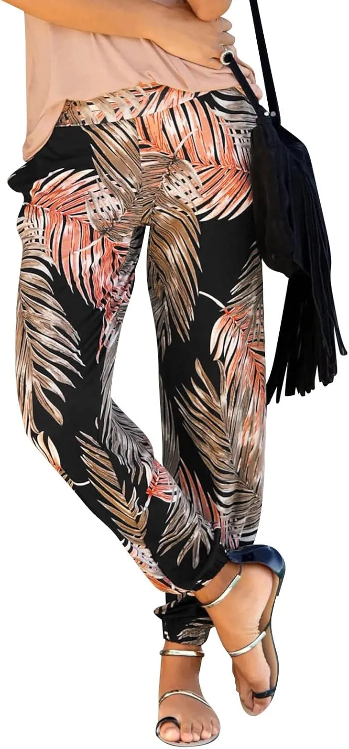 Women High Waisted Baggy Pants Summer Beach Boho Printing Straight Leg Pant Breathable Comfy Lounge Pant with Pockets