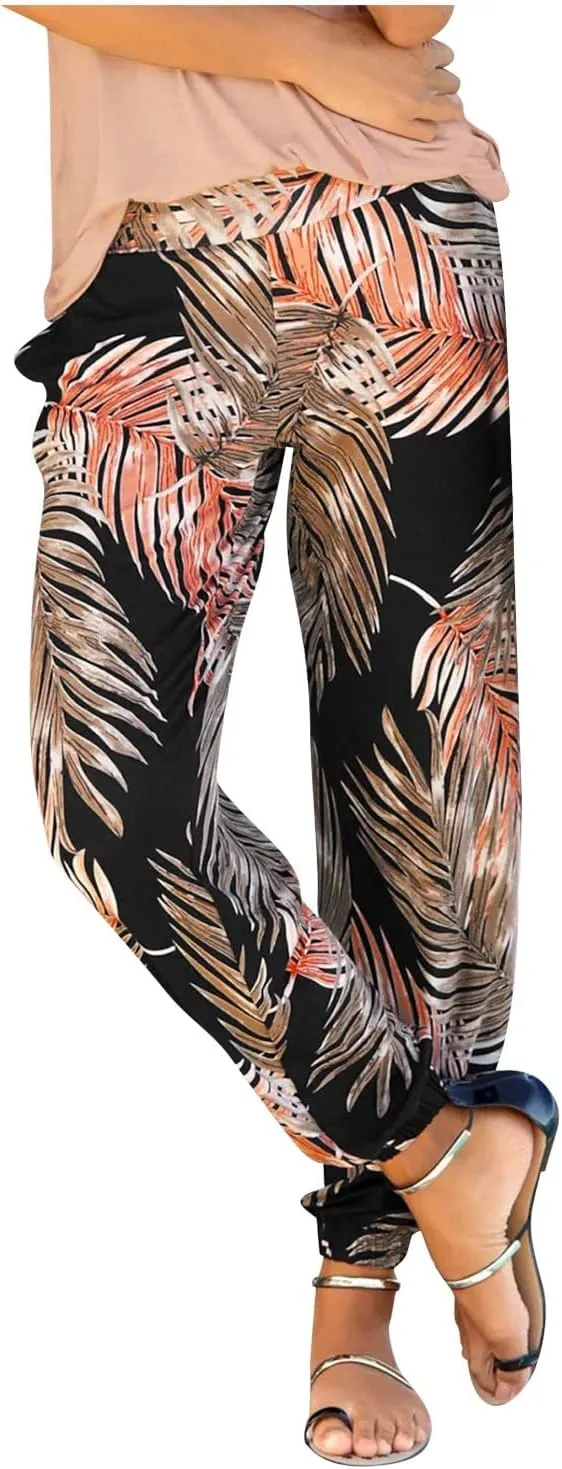 Women High Waisted Baggy Pants Summer Beach Boho Printing Straight Leg Pant Breathable Comfy Lounge Pant with Pockets