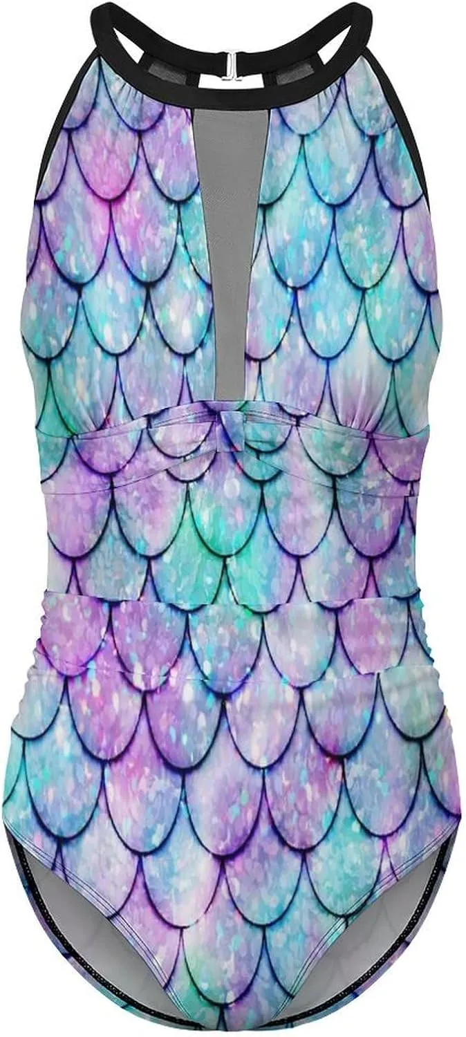Women Sexy Tummy Control One Piece Swimsuits Halter Push Up High Cut Low Back Bathing Suits